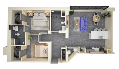 Floor plan for 2 beds, 2 baths, 1266 sqft
